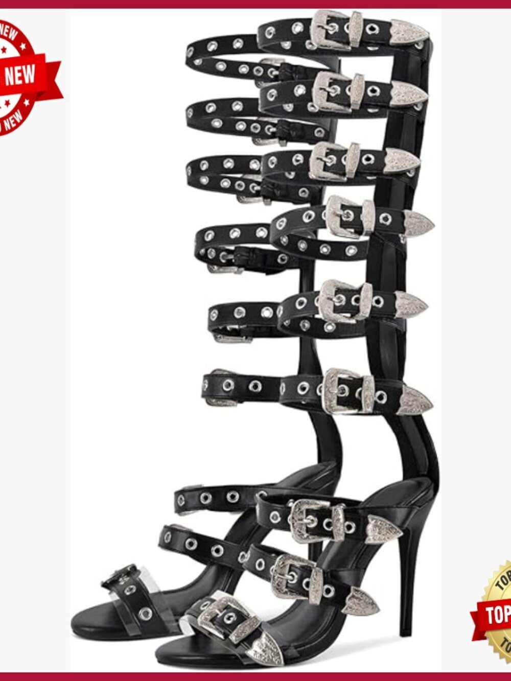 Knee High Gladiator Sandals Buckle Straps Wrap Heels Back Zip Up